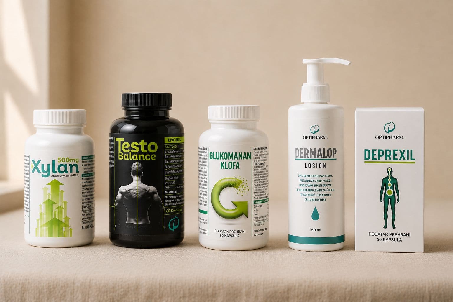 Optipharm portfolio: Xylan, Testo Balance, Glukomanan KLOFA, Dermalop Lotion i Deprexil